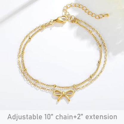 Quietsun Trendy 2 Layers Anklet Bracelets for Women-Waterproof-Adjustable-for General/Big Anklets-Gold/Silver - color: Gold-Plus