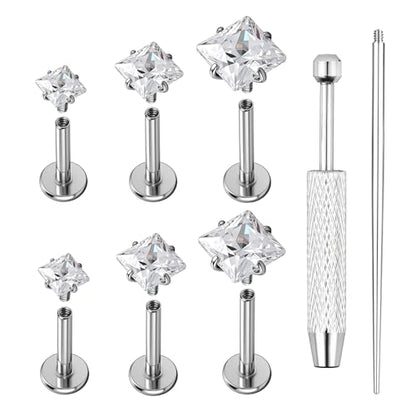AOEDEJ 20/18/16G Titanium Internally Threaded Flat Back Stud Earrings 3/4/5mm Stars Square CZ Nose Lip Medusa Monroe Labret Piercing Jewelry for Cartilage Conch Tragus Helix Ear Studs - style: 18G-Squares