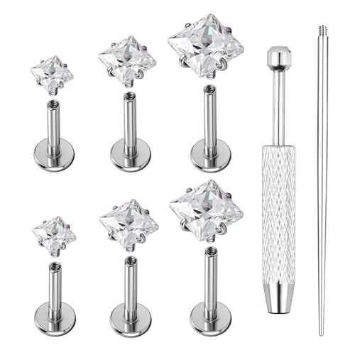 AOEDEJ 20/18/16G Titanium Internally Threaded Flat Back Stud Earrings 3/4/5mm Stars Square CZ Nose Lip Medusa Monroe Labret Piercing Jewelry for Cartilage Conch Tragus Helix Ear Studs - style: 18G-Squares