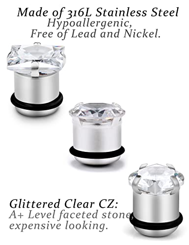 8G 6G 4G 2G 0G 1/2 inch Stainless Steel Ear Gauges - Round, Square, Heart, Cubic Zirconia - 3mm to 12mm - Silver, 3 Pairs - color: Gauge=1/2"=12mm