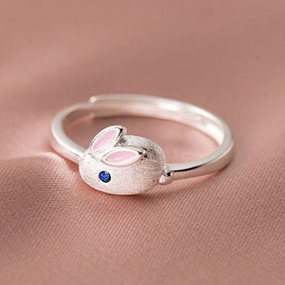 Rabbit Bridal Rings for Lady Opening Adjustable Sapphire Engagement Rings Minimalist Cute Proposal Rings (Silver, One Size)