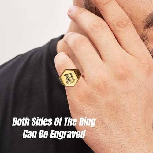 Custom Signet Ring for Men Personalized Initial Ring Custom Mens Rings Engraved Ring Customized Memorial Graduation Gifts for Father Husband Boyfriend Friends - color: Hexagon Gold