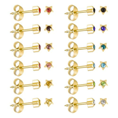 12 Pairs Ear Piercing Stud Earrings for Ear Piercing Guns, Surgical Stainless Steel Multicolor Round Heart Star Cubic Zirconia Birthstone Stud Earrings Set - style: Gold star 4mm