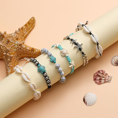 12Pcs Shell Turtle Ankle Bracelets Handmade Seashell Bead Starfish Cowrie Dolphin Adjustable Layered Anklets for Women Boho Hawaii Summer Beach Foot Jewelry - style: A: Turtle