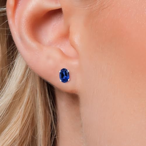 Gem Stone King Oval Gemstone Birthstone Stud Earrings for Women Men | Oval Cut 7X5MM | Fine Jewelry Gifts for Mom Dad Wife Him Her - style: Blue Created Sapphire, September