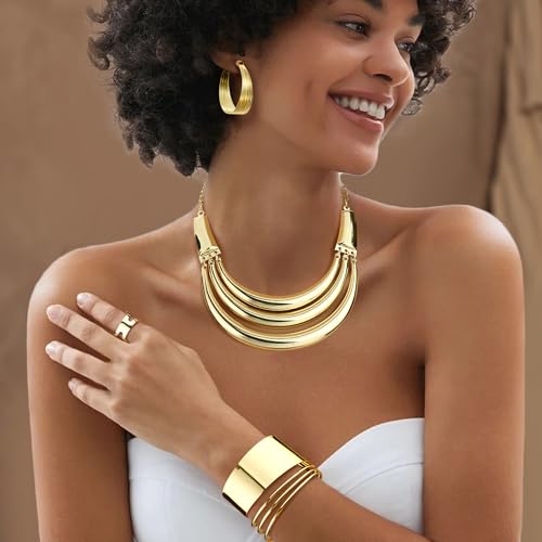 JOERICA Bib Choker Necklace Silver Gold Jewelry Set Wide Cuff Bangle Bracelet Open Hoop Earrings Adjustable Ring Chunky Silver Gold Statement Costume Jewelry Set for Women - color: Gold Tone