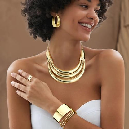 JOERICA Bib Choker Necklace Silver Gold Jewelry Set Wide Cuff Bangle Bracelet Open Hoop Earrings Adjustable Ring Chunky Silver Gold Statement Costume Jewelry Set for Women - color: Gold Tone