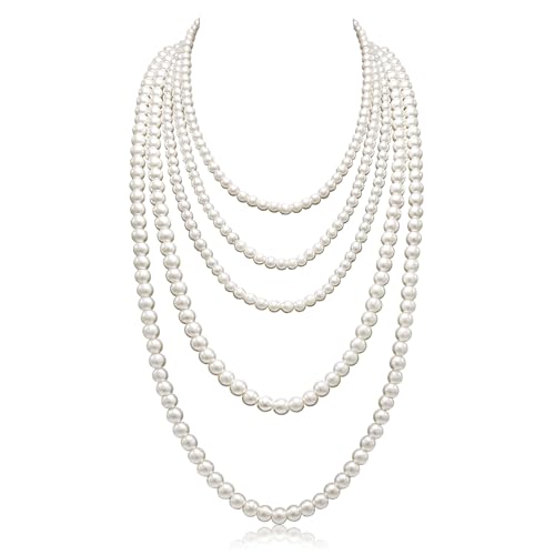 Long Pearl Necklaces for Women Cream White Faux Pearl Strand Layered Necklace Costume Jewelry - color: 2PCS Cream White(6MM+8MM)