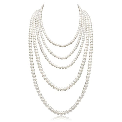 Long Pearl Necklaces for Women Cream White Faux Pearl Strand Layered Necklace Costume Jewelry - color: 2PCS Cream White(6MM+8MM)