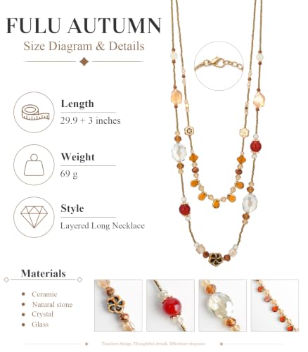 FULU AUTUMN Long Layered Beaded Necklaces for Women Statement Double Bead Strand Ceramic Flower Boho Jewelry Gifts for Mom - color: Brown