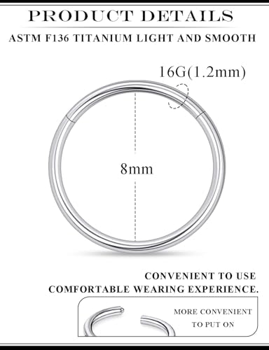 20G 18G 16G 14G 12G 10G 8G 6G 4G 2G Nose Rings Hoops Astm F136 Titanium Clicker Septum Lip Ring Tragus Helix Daith Rook Conch Snug Cartilage Lobe Earrings Hoop Piercing Jewelry For Women Men - size: 16G-8MM