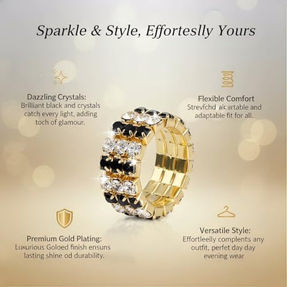 Sparkling Rhinestone Ring Set Trendy Elastic Rhinestone Crystal Stretch Ring Stackable Jewelry for Women Girls - color: 3 Rows Ring-Golden+White+Black