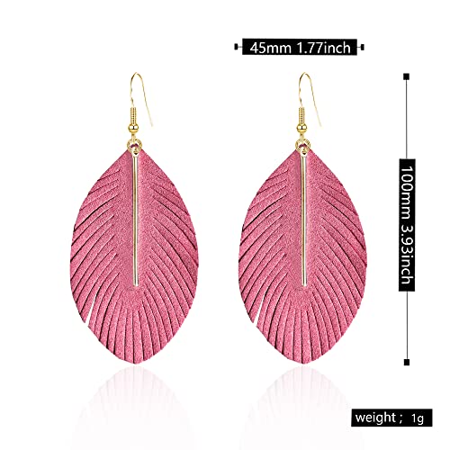 YUNXI Large Genuine Soft Leather Handmade Fringe Feather Lightweight Leaf with Simple Drop Metal Bar Tear Drop Dangle Color Earrings for Women - color: Pink