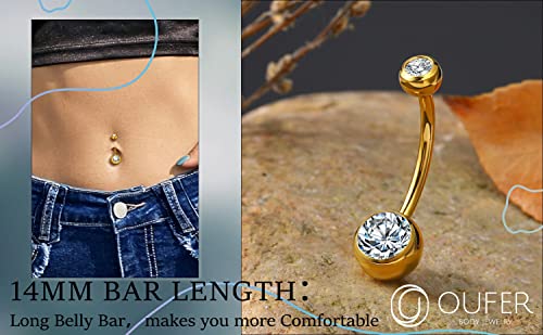 OUFER Titanium Belly Button Rings, Internally Threaded Belly Ring, Round CZ Navel Rings for Women Men - color: Gold, size: 1.6*14MM