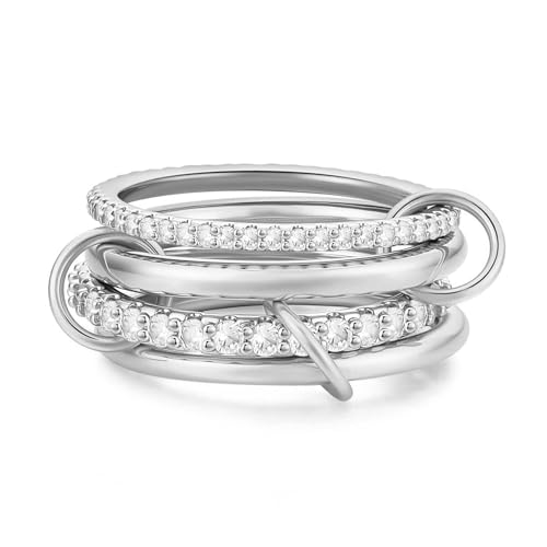 14K Gold Interlocking Stackable Rings for Women – Silver Gold Stack Ring Set with CZ, Two Tone Interlocked Stacked Ring, Multi-layer Statement Ring Jewelry - color: Upgraded Silver CZ(4Layer), size: 6