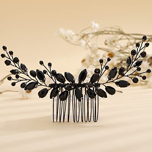 Teyglen Bride Wedding Crystal Hair Comb - Rhinestone Hair Pieces Handmade Full Black Red Blue Crystal Hair Side Comb Shiny Headpieces for Women Girls - color: Black