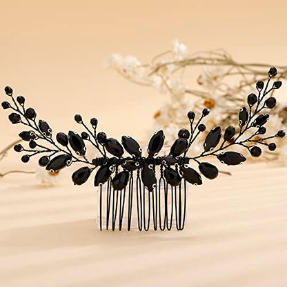 Teyglen Bride Wedding Crystal Hair Comb - Rhinestone Hair Pieces Handmade Full Black Red Blue Crystal Hair Side Comb Shiny Headpieces for Women Girls - color: Black