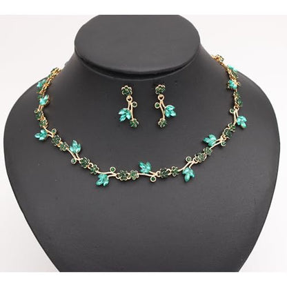 Brides Bridesmaid Flower Leaf Choker Necklace Dangle Earrings Link Bracelet Austrian Crystal Wedding Jewelry Set for Prom Costume Party Accessories for Woman - color: Emerald-Gold Plated