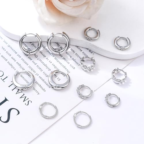 HILXURY 6 Pairs Small Gold Huggie Hoop Earrings for Women, 14K Gold Plated Cartilage Piercings Hoop Earrings Hypoallergenic, Trendy Lightweight Chunky Hoops Set for Women Gifts. - color: A- Silver