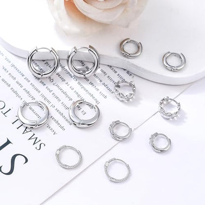 HILXURY 6 Pairs Small Gold Huggie Hoop Earrings for Women, 14K Gold Plated Cartilage Piercings Hoop Earrings Hypoallergenic, Trendy Lightweight Chunky Hoops Set for Women Gifts. - color: A- Silver