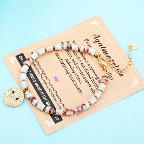 Natural Gemstone Healing Crystal Dainty Charms Bracelet Adjustable Chain Extender Minimalist Jewelry - color: Agalmatolite jasper + Happy face