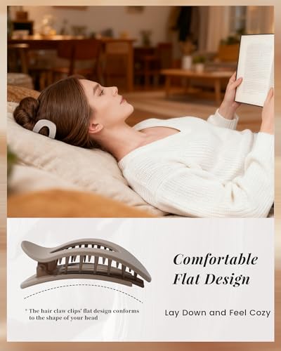 Mesovor 6 Pack Flat Hair Claw Clips, 4.33" Nonslip Round Lay Hair Clips | Strong Hold French Large Flat Hairclips for Lying Down, Yoga, Driving (Brown Matte) - color: Brown Matte