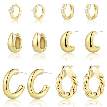 6 Pairs Gold Hoop Earrings for Women, 14K Gold Plated Huggie Hoop Earrings Set Hypoallergenic Lightweight Chunky Open Hoops Jewelry for Gift - color: Gold hoops