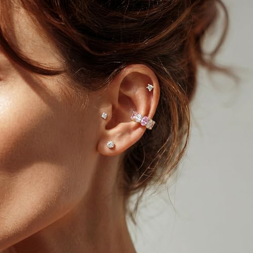 Ear Cuffs Non Piercing for Women 14K Gold Plated Ear Cuff Earrings Colorful Cubic Zirconia Paved Trendy Cartilage Earring Jewelry | Single - color: White Pink