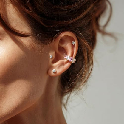 Ear Cuffs Non Piercing for Women 14K Gold Plated Ear Cuff Earrings Colorful Cubic Zirconia Paved Trendy Cartilage Earring Jewelry | Single - color: White Pink