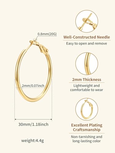 FindChic Thin Hoop Earrings for Women,Silver/Black/Gold Plated 20-100mm - color: Gold, size: 30mm