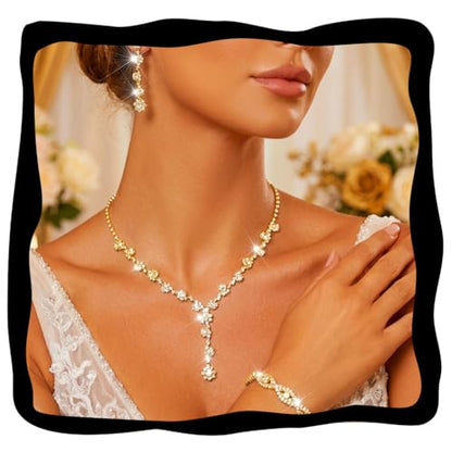 Aukmla Rhinestone Wedding Prom Jewelry Sets Silver Diamond Necklaces and Earring Bracelet Set for Brides and Women - color: Gold