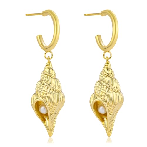 Dangle Gold Charm Earrings for Women 14K Gold Plated Bow Cherry Rose Zirconia Dragonfly Love Heart Wing Cross Pearl Conch Seashell Huggie Hoop Earring Drop Cross Trendy Party Jewelry Gifts for Women - style: Conch Shell