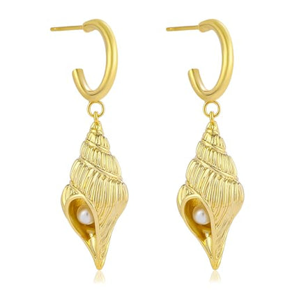 Dangle Gold Charm Earrings for Women 14K Gold Plated Bow Cherry Rose Zirconia Dragonfly Love Heart Wing Cross Pearl Conch Seashell Huggie Hoop Earring Drop Cross Trendy Party Jewelry Gifts for Women - style: Conch Shell