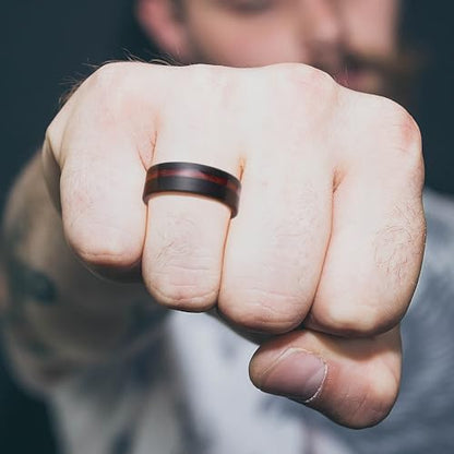 King Will Tungsten Rings for Men with Galaxy Shell Sand Meteorite Inlay | Black, 8mm, Brushed, Pipe Cut, Shell inlay, Everyday Wear - color: Black Red