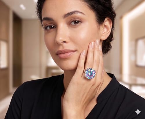 NYFASHION101 Women's Extra Big Rhinestone Fashion Stretch Ring - color: Aurora Borealis/Silver-Tone