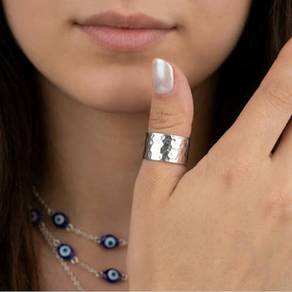 Solid Sterling Silver Hammered Wide Band Ring – Bold Statement Style