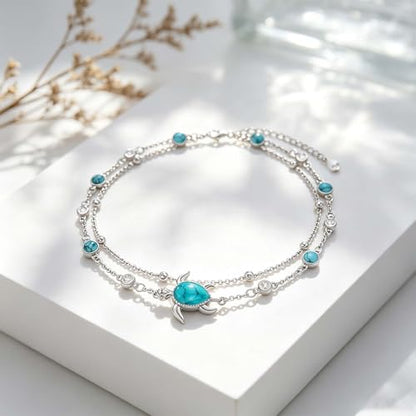 Midir&Etain Beach Anklet Sterling Silver Ocean Layered Rosary Anklet Turquoise Bracelet Double Chain Jewelry Summer Vacation Gift for Women Her - color: Turtle