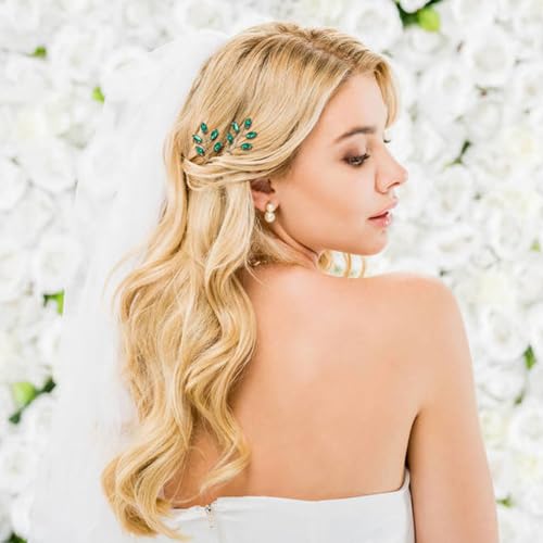 Dizila 7 Pieces Emerald Green Crystal Bead Party Prom Wedding Bridal Vine Leaf Hair Side Combs + Rhinestone U-shaped Hair Pins Headpieces for Brides Bridesmaids Women Girls - color: Emerald Green