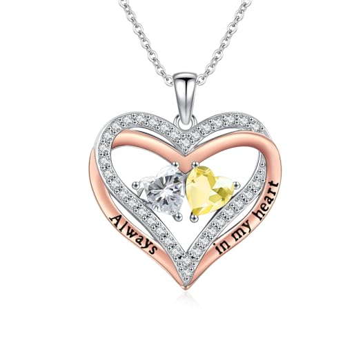 Heart Birthstone Necklace for Women 14K Rose Gold/White Gold Filled Overlapping Double Hearts Pendant Anniversary Valentine's Day Birthday Mother's Day Christmas Gifts for Wife Mom Daughter Her - color: 04-11-Apr-Nov Birthstone-A, style: Double-Layered Lo