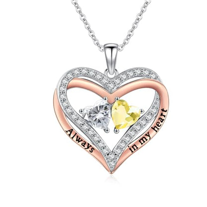 Heart Birthstone Necklace for Women 14K Rose Gold/White Gold Filled Overlapping Double Hearts Pendant Anniversary Valentine's Day Birthday Mother's Day Christmas Gifts for Wife Mom Daughter Her - color: 04-11-Apr-Nov Birthstone-A, style: Double-Layered Lo