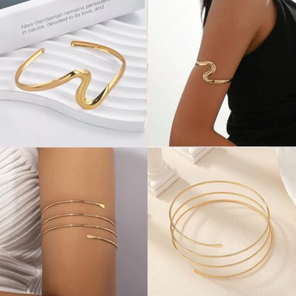 ItsStarred Minimalist Arm Cuff Gold Plated, Upper Arm Cuff Bangle Bracelet for Women, Adjustable Arm band Set 6 Pieces - color: A: 14K Gold Plated