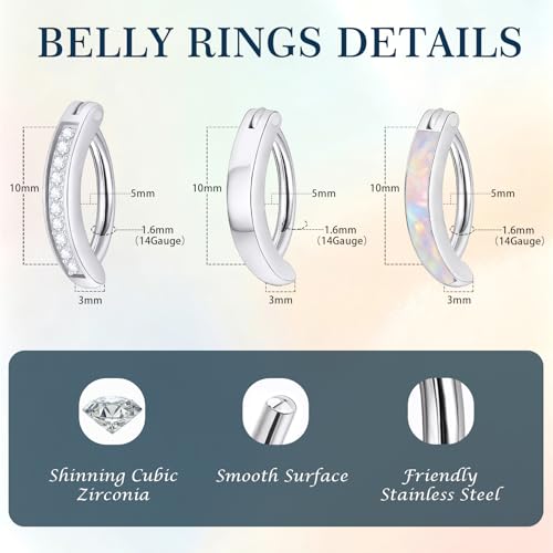 3-12 Pcs 14G Belly Button Rings Belly Rings for Women CZ Opal Navel Rings Belly Piercings Jewelry Belly Barbells Stainless Steel Body Belly Button Piercing Jewelry - color: Silver-3Pcs-14G/10MM
