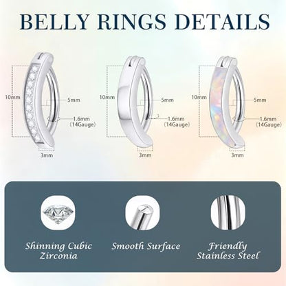3-12 Pcs 14G Belly Button Rings Belly Rings for Women CZ Opal Navel Rings Belly Piercings Jewelry Belly Barbells Stainless Steel Body Belly Button Piercing Jewelry - color: Silver-3Pcs-14G/10MM