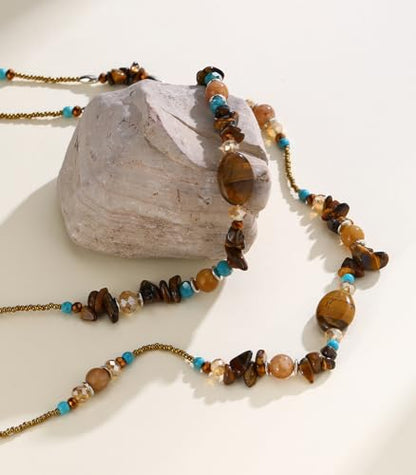 Noessla Boho Long Beaded Necklaces for Women Double Layer Chunky Irregular Stone Beads Strand Statement Jewelry Mothers Day Gifts - color: Brown