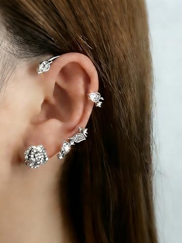 2PCS Flower Tassel Zircon Earrings Ear Cuffs No Piercing Flower Climber Wrap Around Earrings Pearl Drop Earrings for Women Fairy Ear Clip Dainty Wedding Earrings for Brides - color: Style 1 - Silver