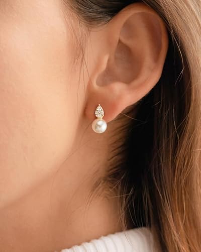 Pearl Earrings - 14K Gold/White Gold/Rose Gold Plated Cubic Zirconia CZ Diaomond Accented Pearl Drop Dangle Earrings for Women Wedding Bridal Prom - color: CZ paved