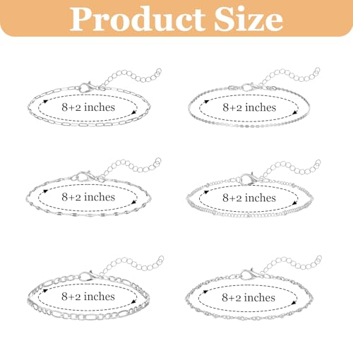 6Pcs Silver Ankle Bracelets 14k Cuban Link Chain Anklets Set | Layered Waterproof Adjustable Dainty Summer Beach Gold Accessories Boho Bracelet Jewelry for Women