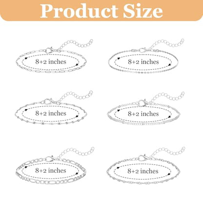 6Pcs Silver Ankle Bracelets 14k Cuban Link Chain Anklets Set | Layered Waterproof Adjustable Dainty Summer Beach Gold Accessories Boho Bracelet Jewelry for Women