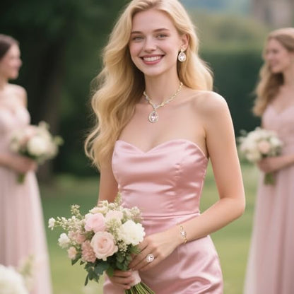 Womens Africa 18k Gold Plated Jewelry Set Crystal Rhinestones Petals Teardrop Cluster Bib Statement Necklace Link Bracelet Dangle Earrings Ring for Prom - color: 08-Pink Gold-Plated-Base