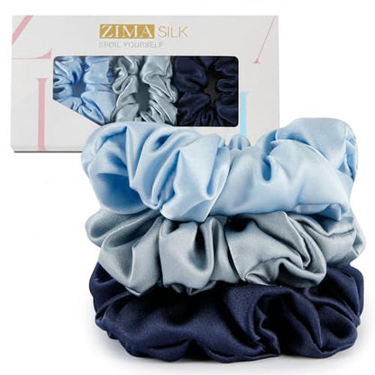 ZIMASILK 100% Pure Mulberry Silk Hair Scrunchies for Women | No Damage - Gentle Elastic Hair Ties for Ponytail Holder - Hair Accessories (3 Pack, Bluehaze, Navy Blue, Sky Blue) - color: Dusty Blue, Navy Blue, Sky Blue (3pcs)